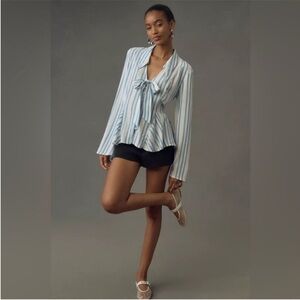 Anthropologie Maeve Long-Sleeve Blue and White Striped Tie-Front Blouse